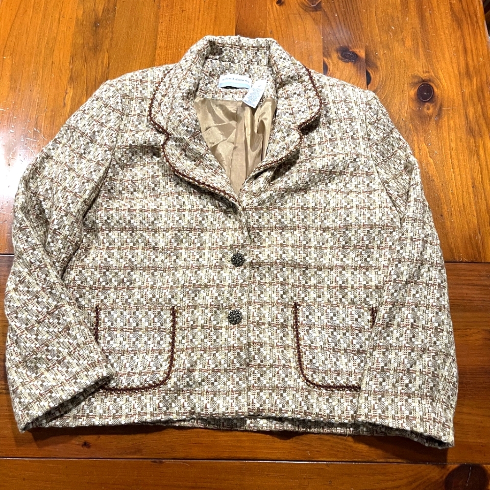 Alfred Dunner Petite Women's‎ Vintage Tweed Blazer Cream and Brown Double Pocket